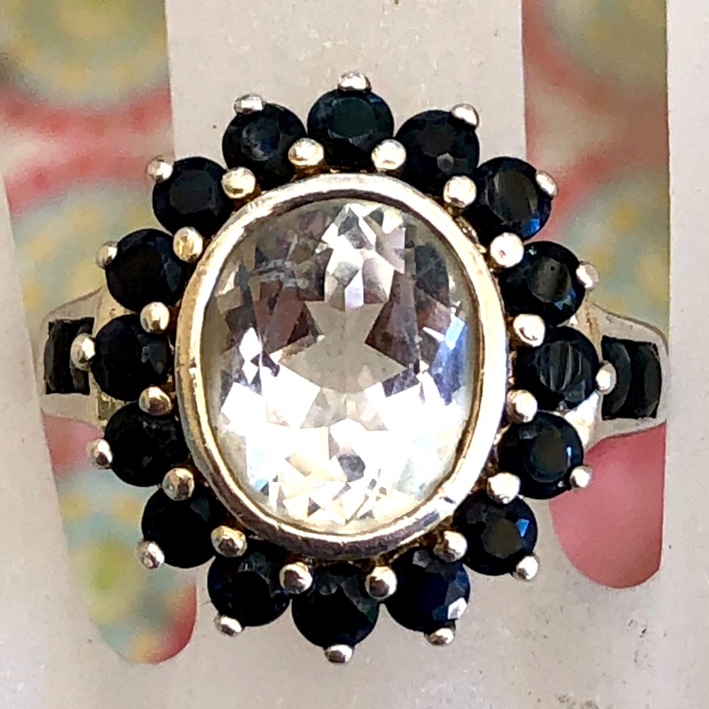 Vintage Blue Sapphire White Topaz Sterling Silver Cocktail Ring